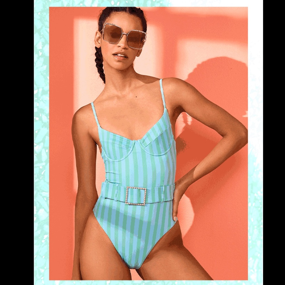 WeWoreWhat Mint and Aqua Striped One-Piece Swimsuit